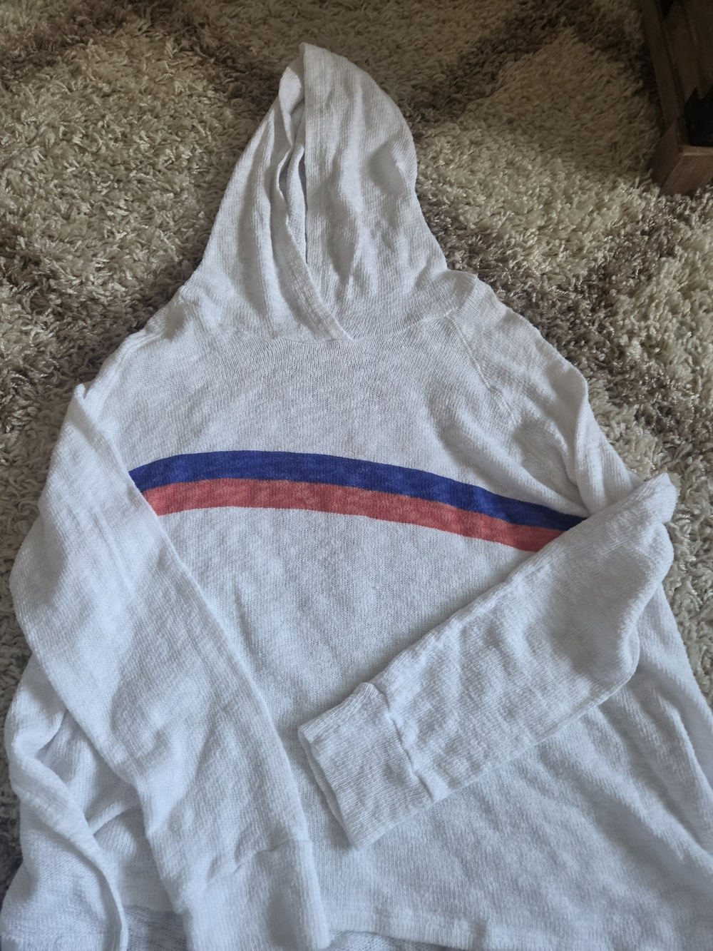 Sundry White Hooded Pullover with Blue & Red Chest Stripe med/large